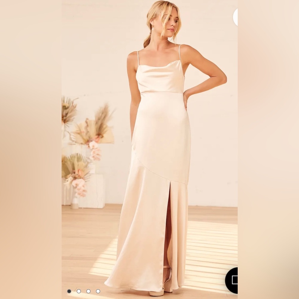 Lulu’s Moment in the Spotlight Champagne Satin Cowl Neck Maxi Dress - Size XS
